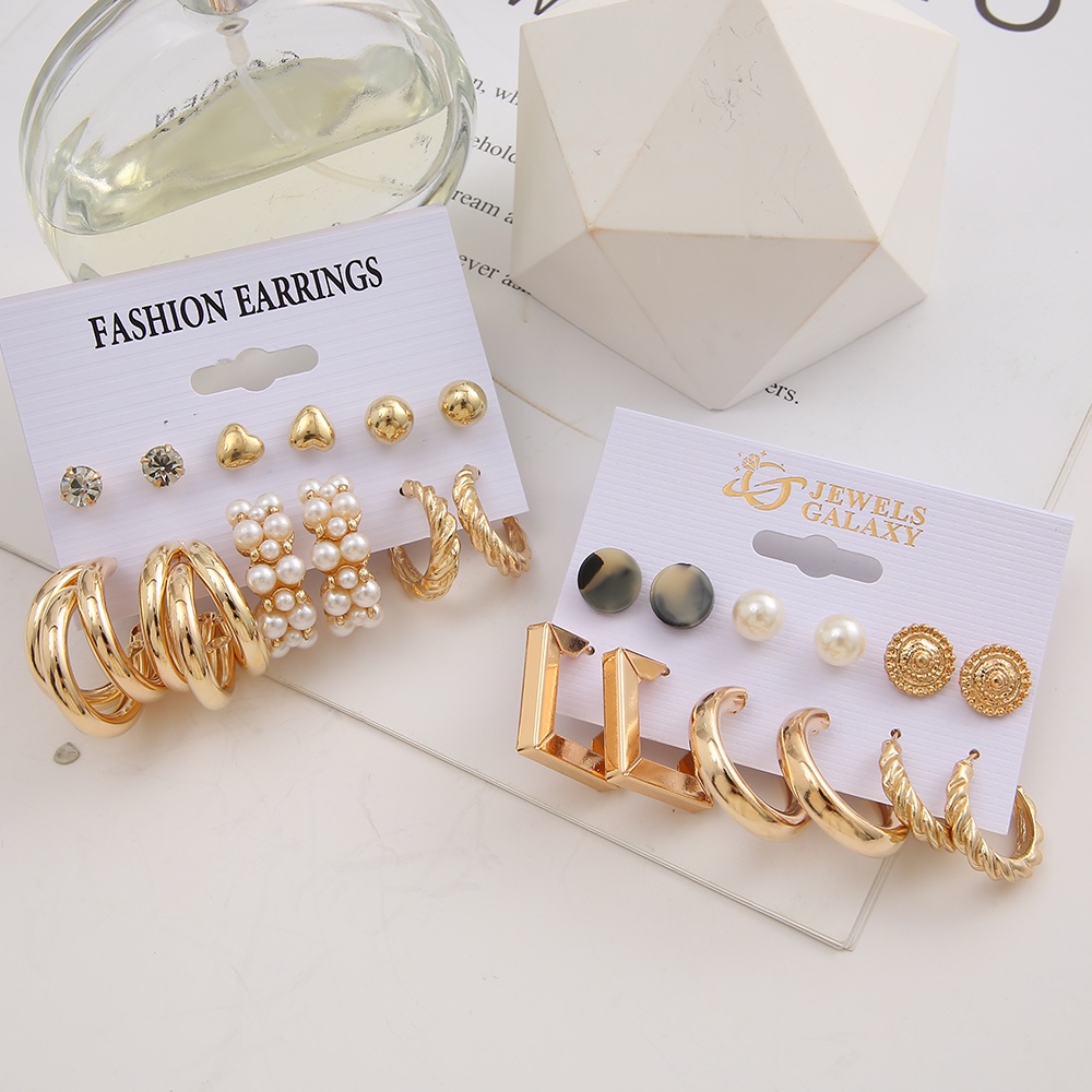 YEEZII 12 Pcs / Set Anting Stud Berlian Mutiara Bentuk Hati Warna Emas Untuk Aksesoris Perhiasan Wanita