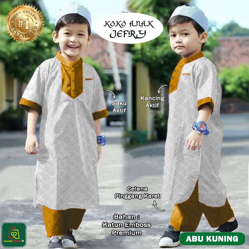 Setelan Baju Muslim KOKO ANAK JEFRI Bahan Katun Emboss Premium Ukuran XS - L Usia 2 - 15 Tahun / 21143-21151