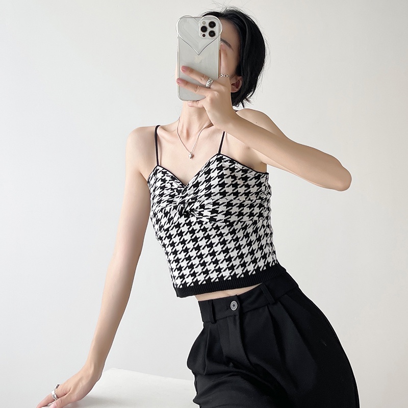 【Elegant】Korean Sexy Sleevless Plaid  Crop Top Tank Top  7485