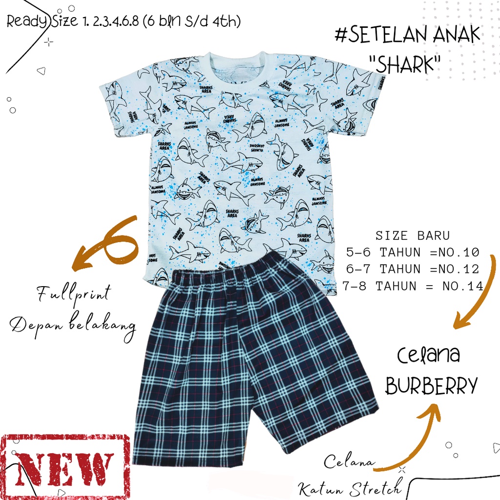 Setelan Anak Laki-laki Fullprint &quot;SHARK&quot; Size 3 bulan -8 tahun tahun merk. AM27