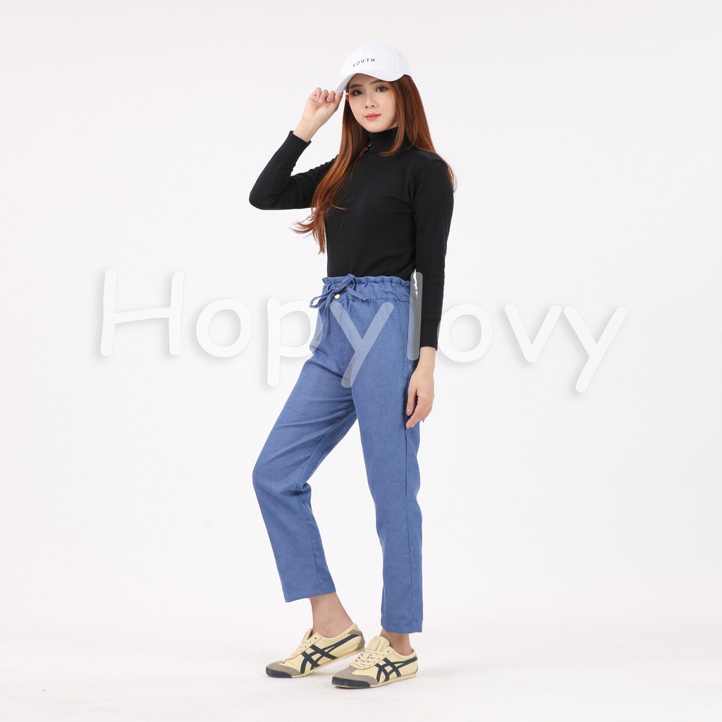 HOPYLOVY - Celana Panjang Wanita Katun Denim Full Pinggang Karet / Miya Pants