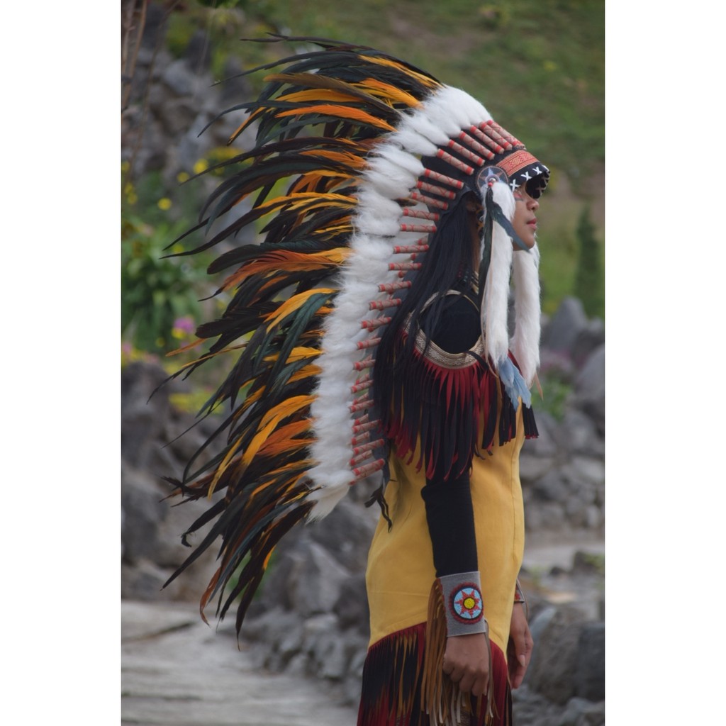 TOPI INDIAN - INDIAN HEADDRESS MEDIUM AYAM BILABONG ORANGE FUR PUTIH