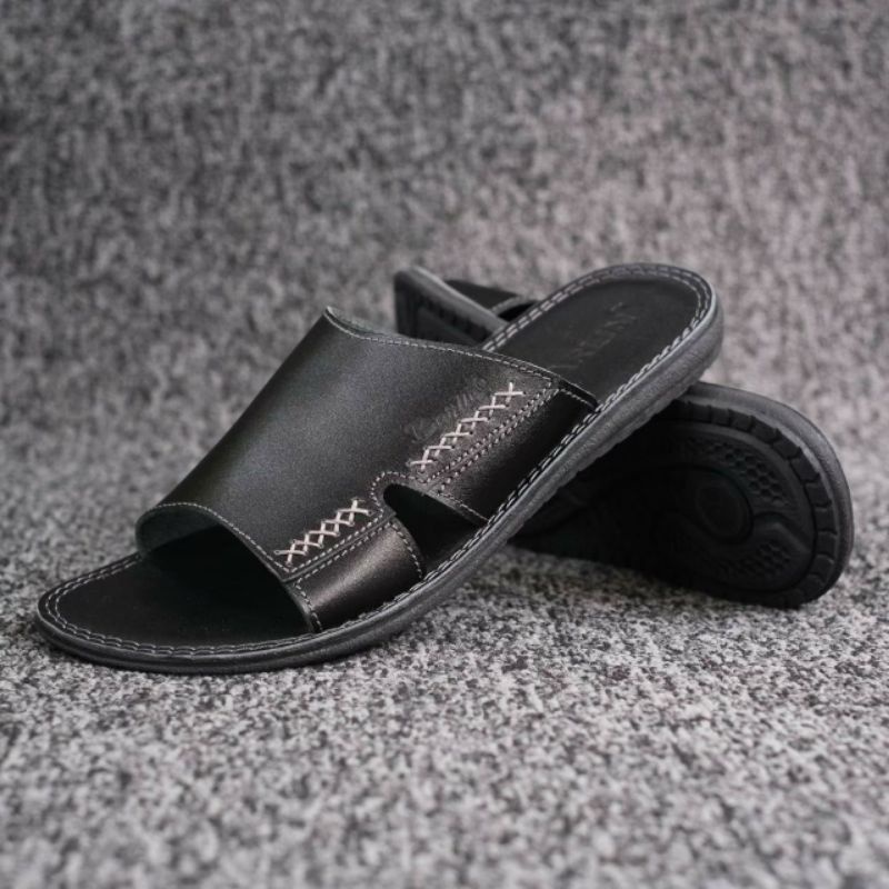 BRLN 001 Black Sendal Pria Casual Kulit Asli Warna Hitam Sendal Slide Slop Santai Full Leather