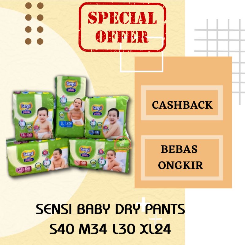 PEMPERS SENSI DRY PANTS S40 M34 L30 XL24 POPOK BAYI SEKALI PAKAI