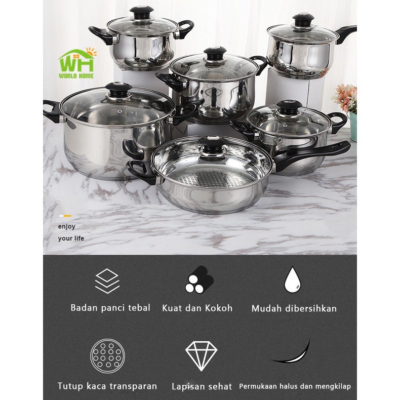 Panci Stainless 12pcs Tutup Kaca Tidak Karatan ADA BUBBLE TG-7 Wajan wok pan penggorengan