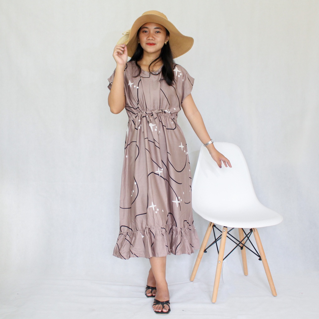 Alina Dress / Daster Ruffle Rempel Panjang Bawah Lutut / Sebetis Jumbo LD 120 Home Wear Tanpa Lengan