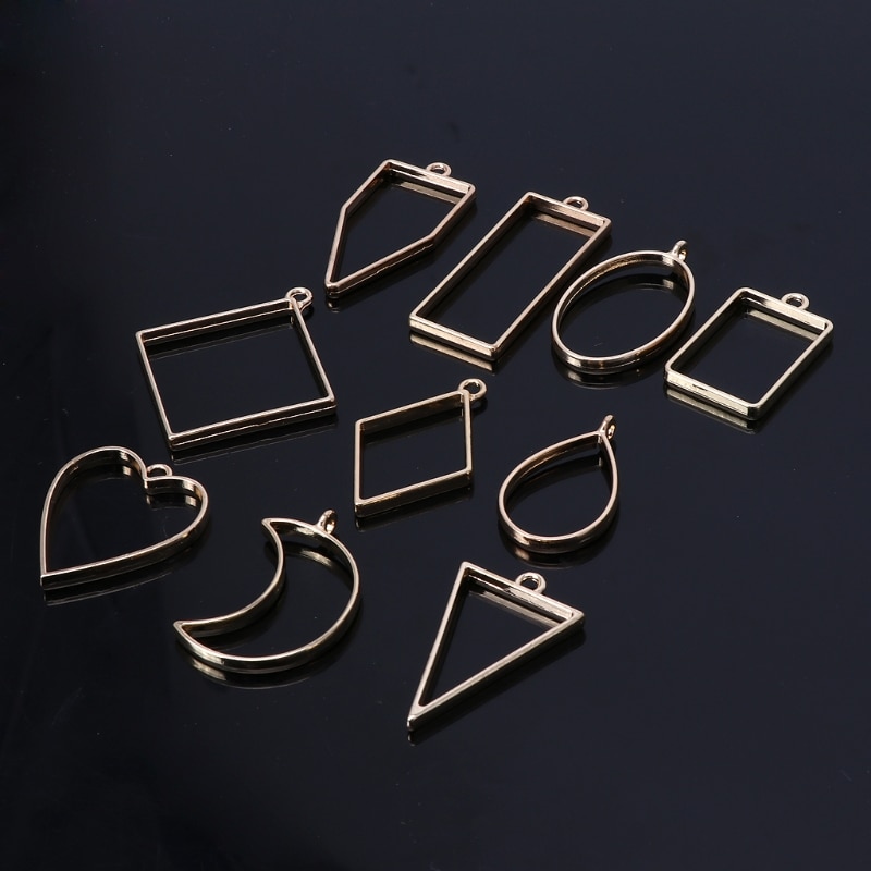 10 Pcs/Set Assorted Geometric Hollow Pressed Flower Frame Pendant Resin Jewelry Making Geometric Shape Metal Frame Set DIY Epoxy Resin UV Crystal Silicone Molds Jewelry Pendant Making