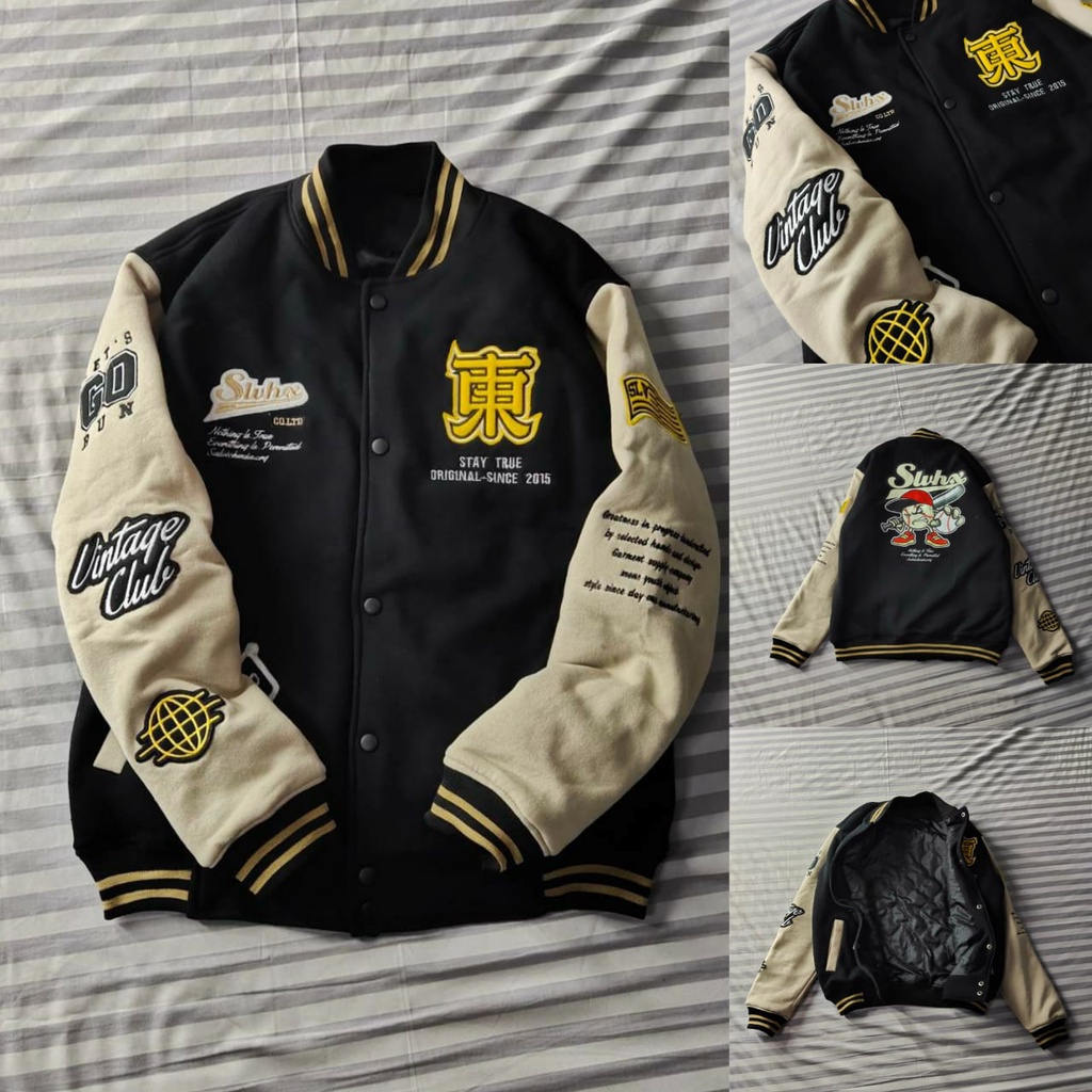 VARSITY JACKET KANJI HITAM CREAM / HIJAU CREAM SALVIO HEXIA / Rd Cloth