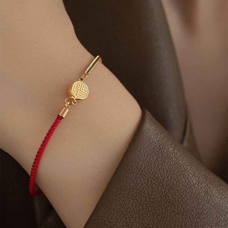 908# Gelang rantai + Tali Wanita titanium lapis emas model simple Canti elegant - Gold