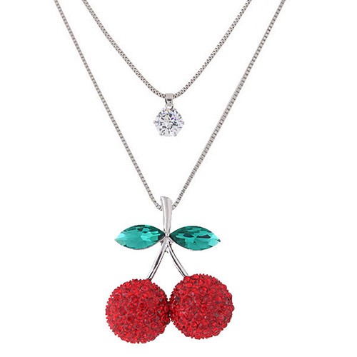 LRC Kalung Sweet Red Cherry Shape Pendant Decorated Double Layer Necklace A47573