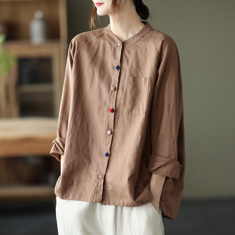 Fashion Wanita Lengan Panjang Kancing Warna Kemeja Kebesaran 3 Warna