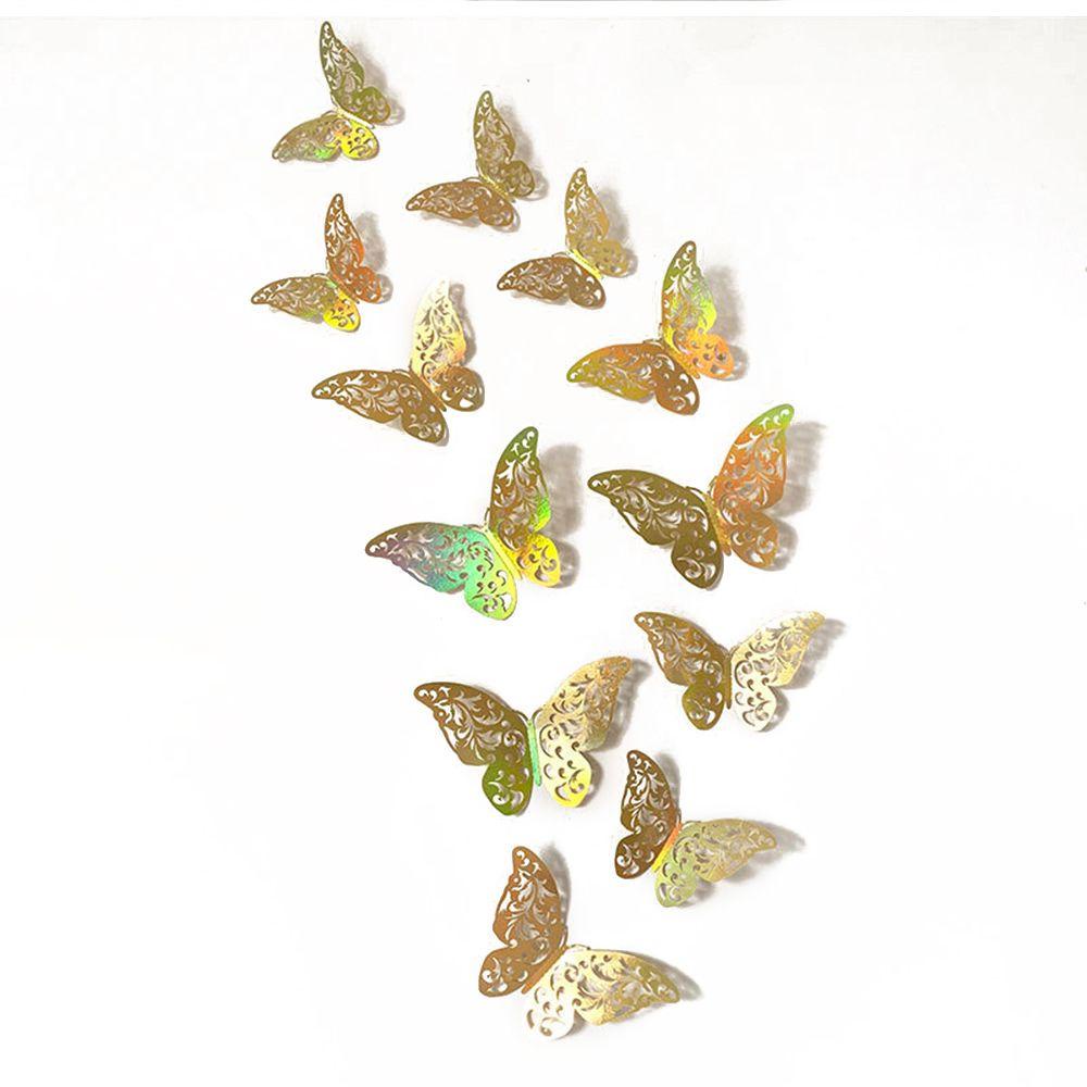 R-flower 12PCS/Set 3D Butterfly Stiker Hadiah Dekorasi Rumah Hiasan Kamar Anak Warna Warni Silver Gold