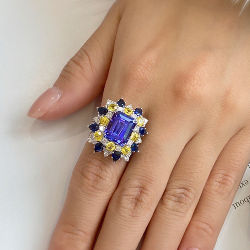 Cincin Bentuk Persegi Geometri Aksen Cubic Zirconia Warna Biru Gaya Eropa Amerika Untuk Wanita