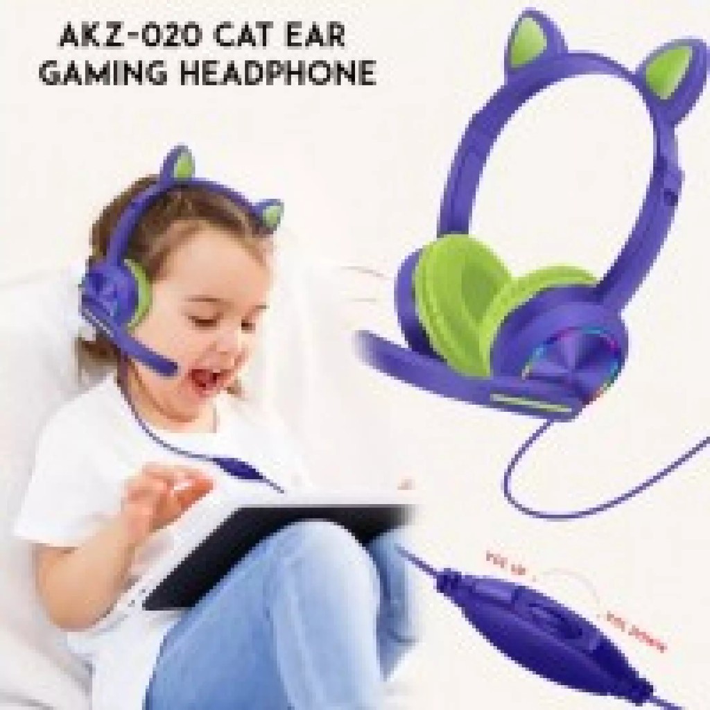 Headset Gaming LED Telinga Kucing model AKZ-020 with microphone jack 3.5mm Headphone Gaming