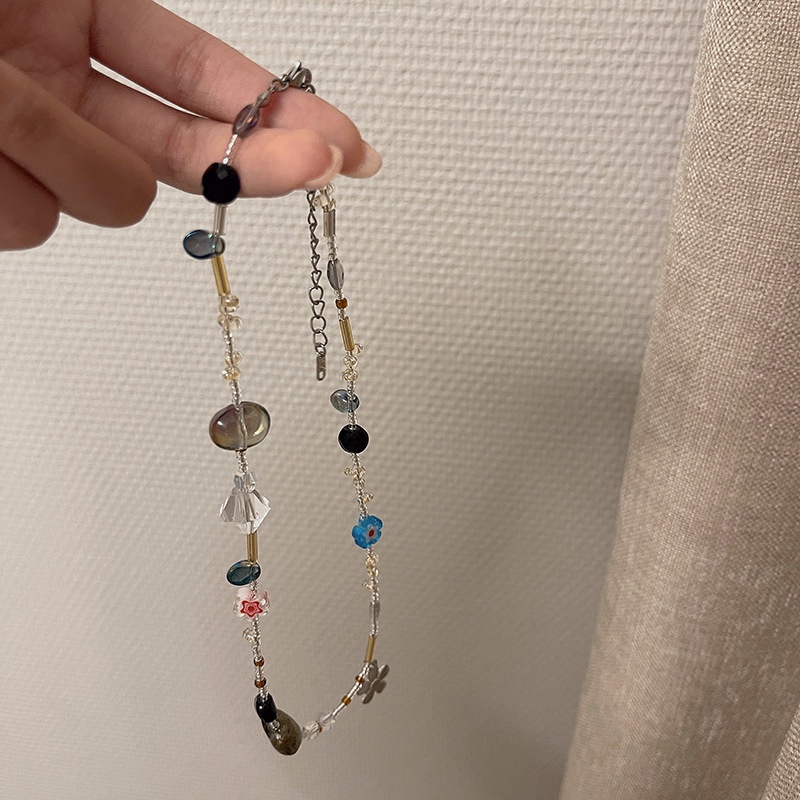 Kalung Rantai Klavikula Hias Manik-Manik Bunga Biru Untuk Wanita