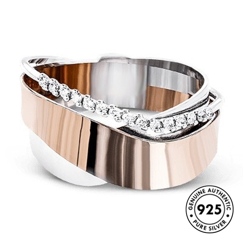 Cincin Sterling Silver 925 Model Silang Warna Rose Gold Dengan Berlian Imitasi Untuk Wanita