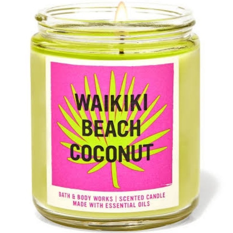 BATH &amp; BODY WORKS BBW WAIKIKI BEACH COCONUT MADE WITH ESSENTIAL OILS WHITE BARN 1 SINGLE WICK SCENTED CANDLE 198 G PENGHARUM RUANGAN