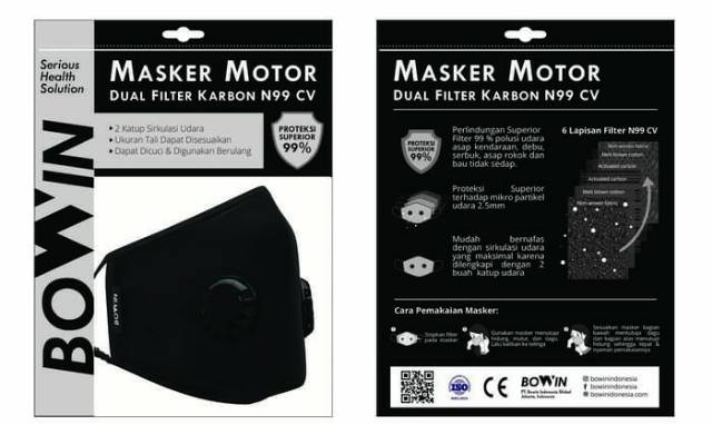 Masker BOWIN N99 CV SOLID BLACK dual filter karbon masker motor anti polusi udara dan debu