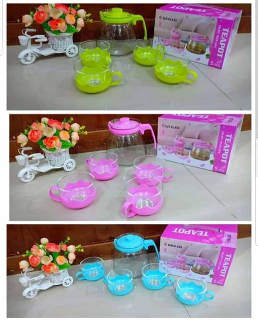 TEA POT KACA , teko set plus cangkir bahan kaca