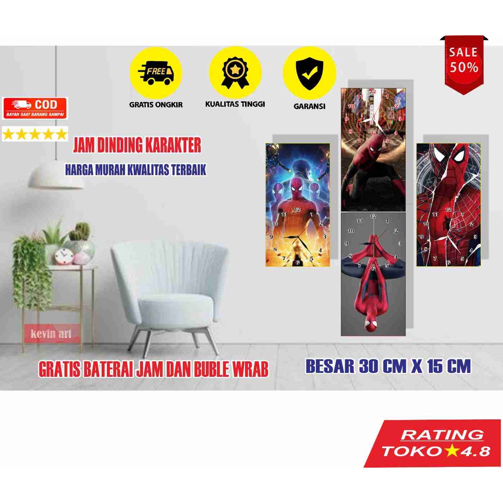 JAM DINDING KAYU MINIMALIS MODERN UNIK KARAKTER SPIDER-MAN SUPER HERO KARAKTER ANIME LUCU TERBARU MURAH KEREN