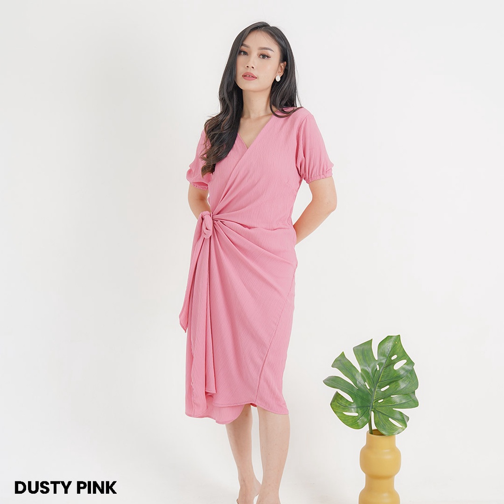 Dress Midi Crinkle Elvator Party Casual Wanita