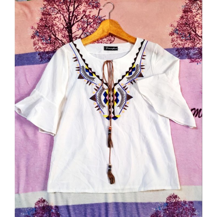 baju blouse lengan terompet motif bordir bohemian etnik tali pita cantik korea murah import surabaya