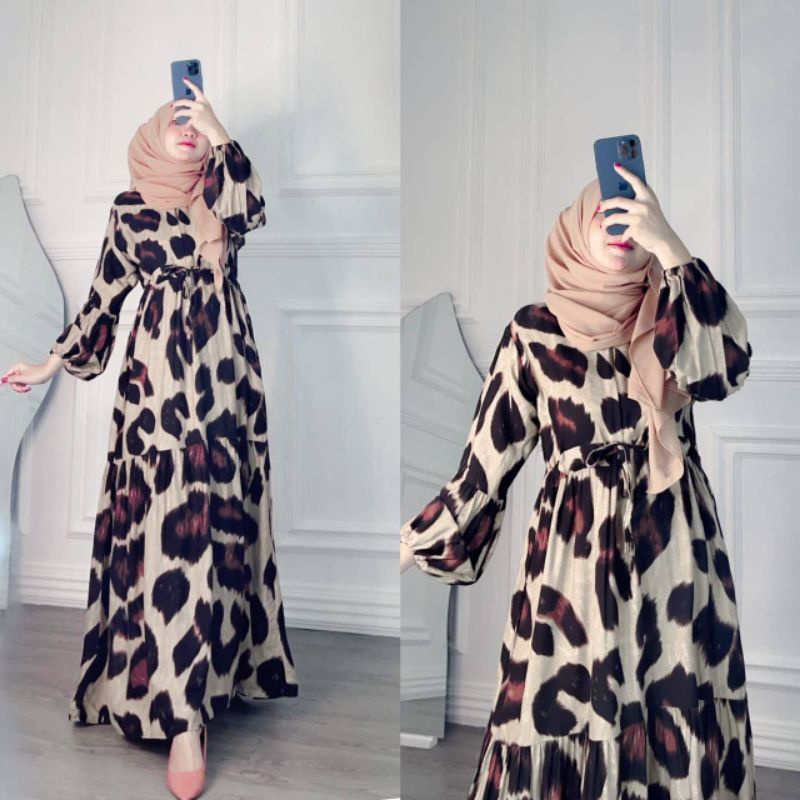 LEOPARD DRESS GAMIS MAXY RAYON PREMIUM BUSUI SUSUN CANDA REMPEL DAILY OUTFIT LIVO CILBI MORI MIDI DR