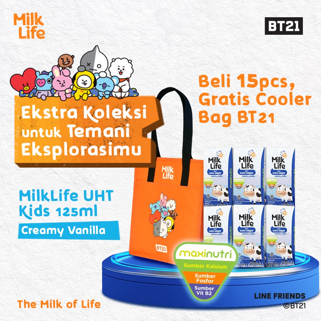 MilkLife Creamy Vanilla - UHT Kids [15 pcs/Tetra Slim Leaf 125 ml] - FREE COOLER BAG BT21