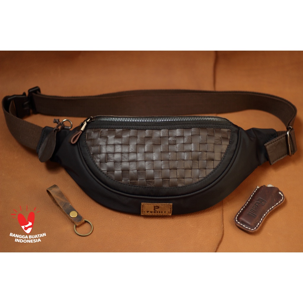 Waistbag Pusiill // Waistbag Kombinasi Kulit Sapi Asli // Tas Selempang Pria-Wanita // Motif anyaman