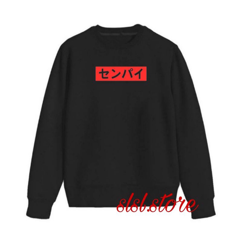 Crewneck Pria Original Tulisan Jepang Bahan Katun Flece Tebal Basic Sweater Krunek Cewe Korean Oversize Warna Hitam Crewnek Ori Black Distro