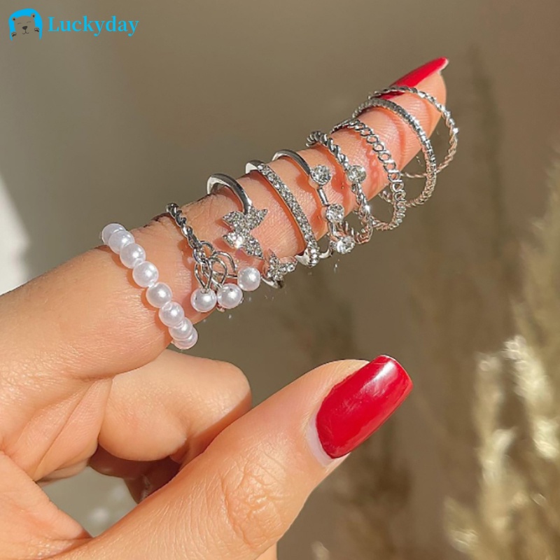 YEEZII 9pcs / Set Cincin Model Terbuka Desain Kupu-Kupu Hias Mutiara Kristal Adjustable Untuk Wanita