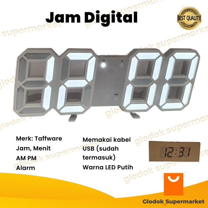 Jam Digital LED Putih  Alarm Meja Dinding Clock Taffware