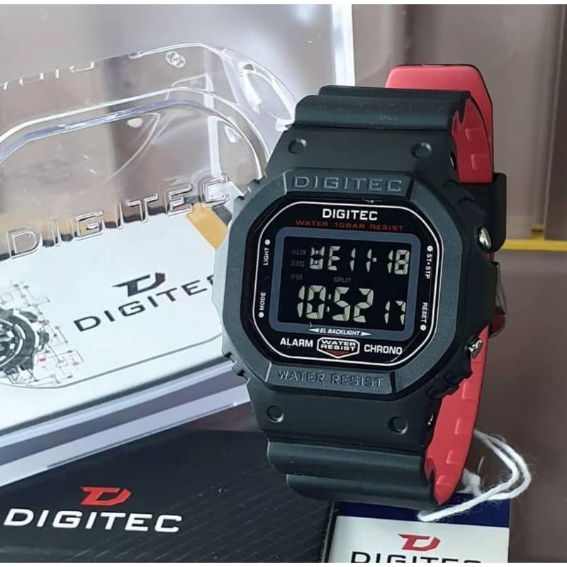 [BISA COD] Jam Tangan Digitec Kotak Black Red Jam Pria Wanita Olahraga Outdoor Tahan Air WR10BAR Bla