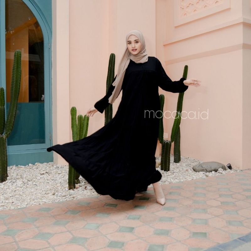 dress premium 7 susun hitam pekat busui sleting belakang bisa untuk prewed pre wedding lengan wudhu friendly flare flowy adem super lebar