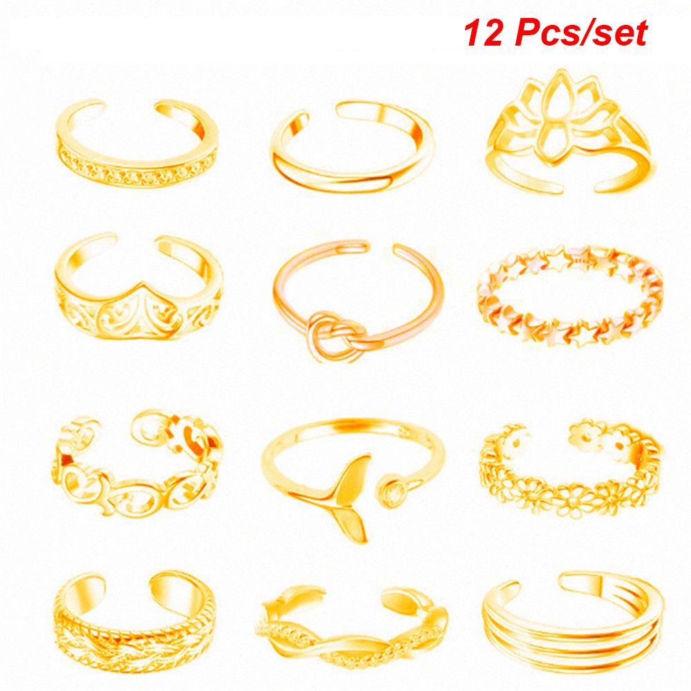 12pcs / Set Cincin Jari Kaki Model Terbuka Dapat Disesuaikan Warna-Warni Untuk Wanita