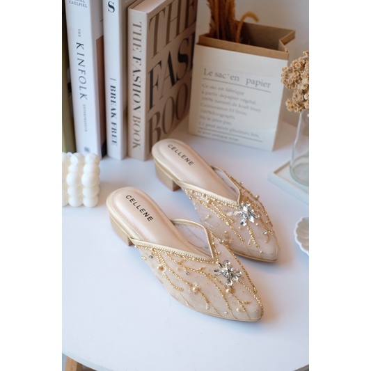 𝗖𝗘𝗟𝗟𝗘𝗡𝗘 Sandrea Beads Heels Gold / wedding shoes sepatu pengantin payet 3cm