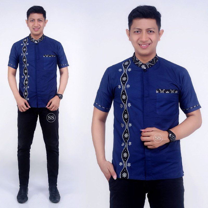 Baju koko Pria Bordir lengan pendek Baju koko Dewasa Matt Katun M L XL XXL Spesial navy/biru dongker