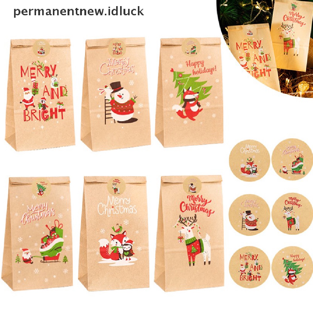 24pcs Tas Permen Bahan Kertas Kraft Motif Santa Snowman Dengan 24 Pcs Label