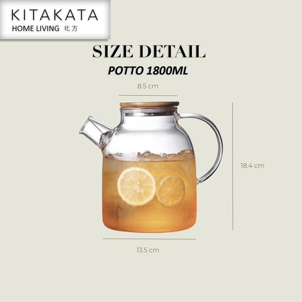 KITAKATA POTTO Teapot Teko Teh air panas kaca dengan tutup kayu anti panas High Borosilicate berkualitas tekko kaca pemanas air kompor aman masak air kaca