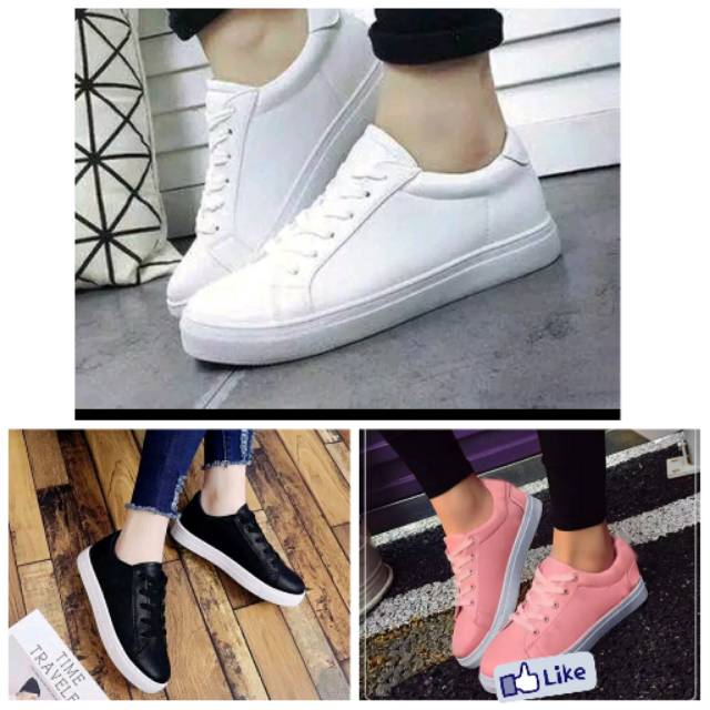Sepatu Sneakers Pria Wanita Putih Hitam Pink Polos/ Sepatu Kets Kasual Sekolah Cewek Cowok SMP SMA K