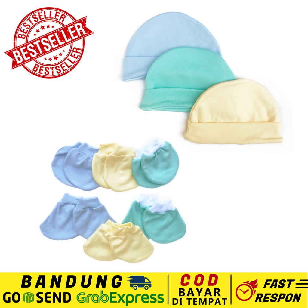 Topi dan Sarung tangan kaki (STK) untuk newborn bayi baby by Aruchi Baby (kuning biru tosca)