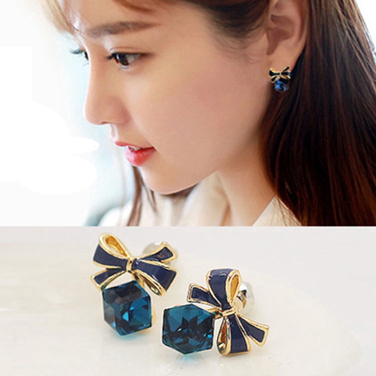 Anting Busur Biru Kristal Sintetis Aksesoris Korea Wanita