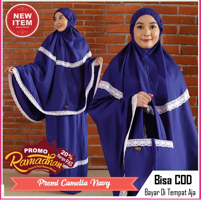 Telekung Mukena Dewasa Premium Mewah Bahan Adem Model Terbaru Premier Biru Navy