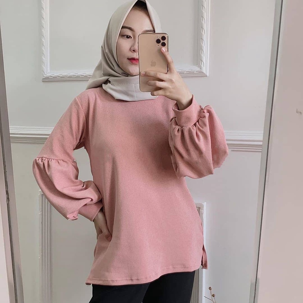SIFA TOP BLOUSE BAHAN KAIN MOSSCRAPE Baju Atasan Remaja Terbaru Tunik Wanita Model Lengan Balon Blou