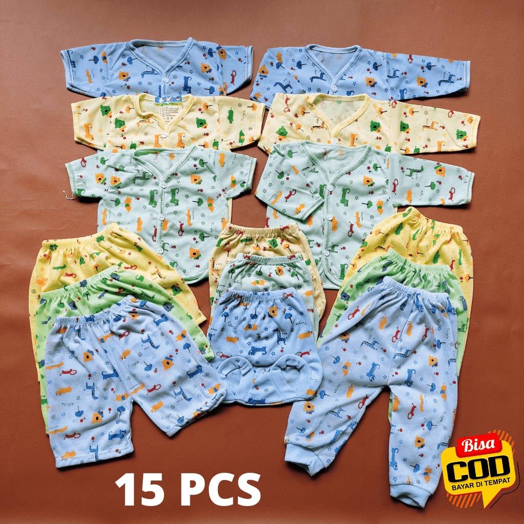 Paket Lengkap Hemat Kelahiran Baju Celana Bayi Baru Lahir Motip Jungle 15 PCS