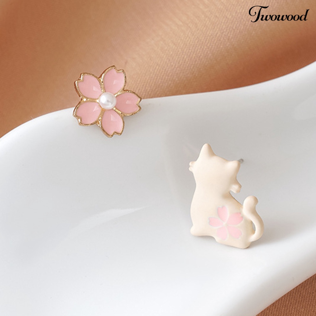 Twowood 1 Pair White Cat Pink Flower Women Earrings Alloy Faux Pearl Asymmetric Stud Earrings Jewelry Accessory