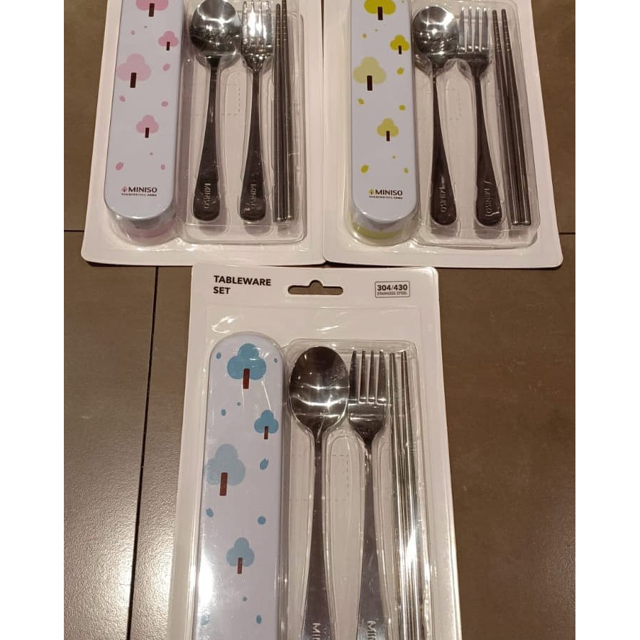 Sendok Makan Garpu Sumpit 1 Set + Case Sendok Miniso | Tableware Set Miniso | Cutlery Set Miniso
