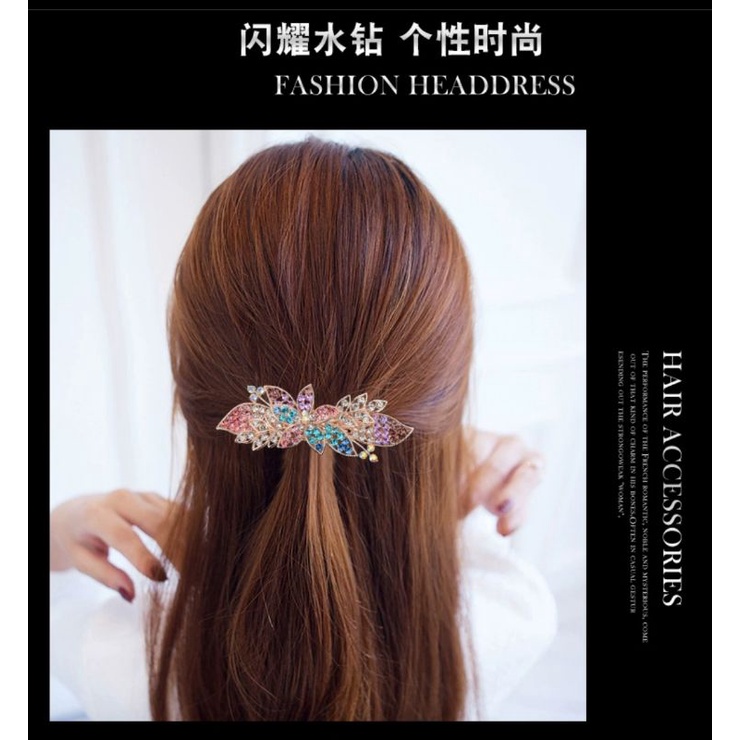 Jepit Rambut Otomatis Korea 9cm Elegan Jedai Besi Alloy Jepit Ponytail PREMIUM Kristal Mutiara Rhinestone Elegant Barrette Hair Clip