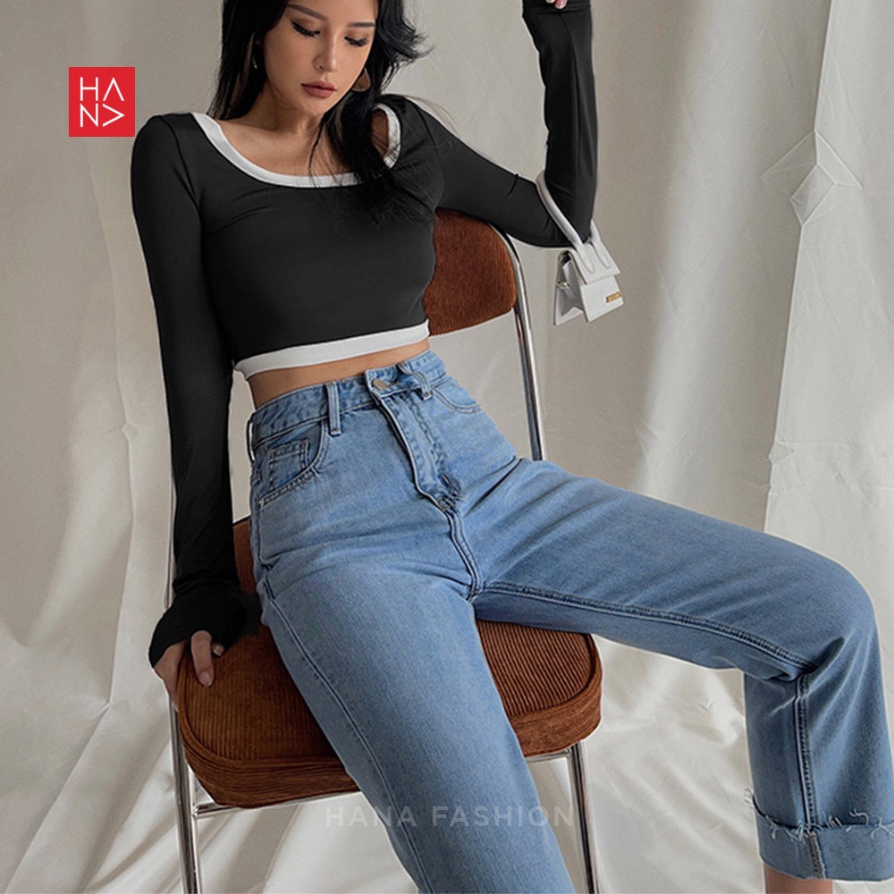 Hana Fashion - Leora Crop Top Long Sleeve Atasan Crop Wanita - CT169