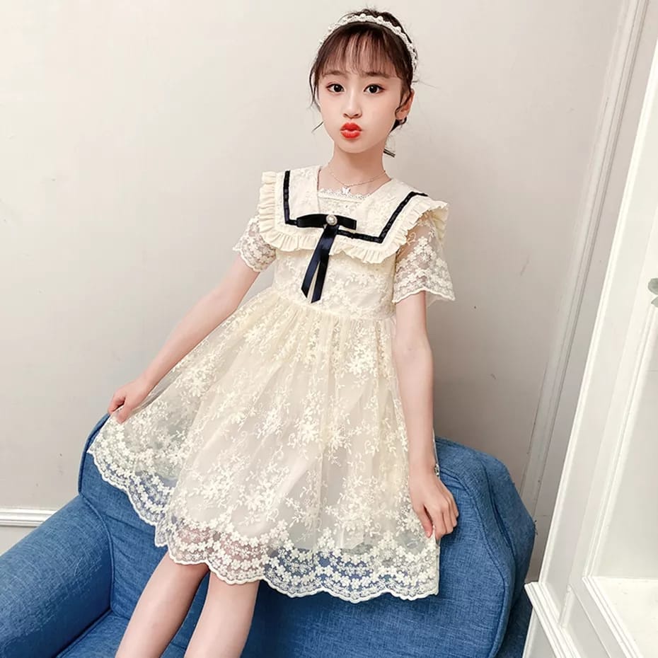 DRESS PESTA PUTIH BRUKAT brokat lengan pendek brocade import ANAK gaun baptis renda 3-9th